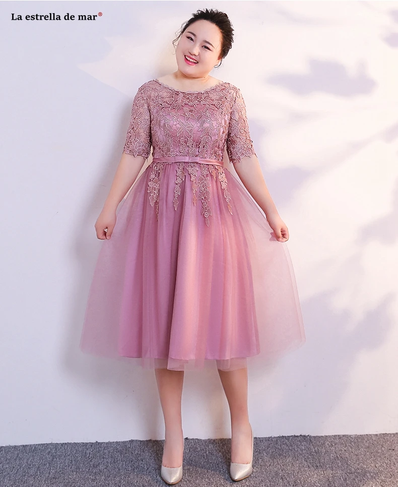 Большие размеры vestidos de madrinha, новинка, из кружева, с вырезом на шее, с коротким рукавом, трапециевидной формы, бирюзового, синего, румяна, розового цвета, свадебное платье для гостей, длина чая