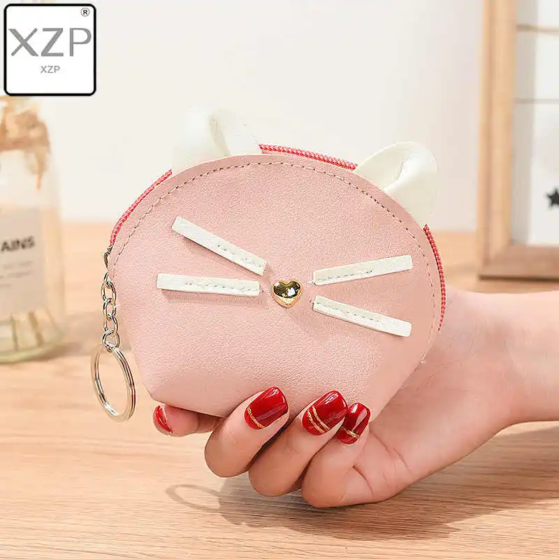 Розовый XZP кошка Кошельки для монет для женщин ПУ кошелек маленький милый мультфильм Чехлы для карт и ключей сумка Деньги сумки для девочек Дамская сумочка дети - Цвет: Розовый