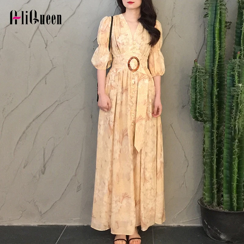 

Summer Printed Chiffon Runway Dress Elegant Women Half Sleeve Belted Beach Maxi Dress Ladies Casual Long Party Dresses Vestido