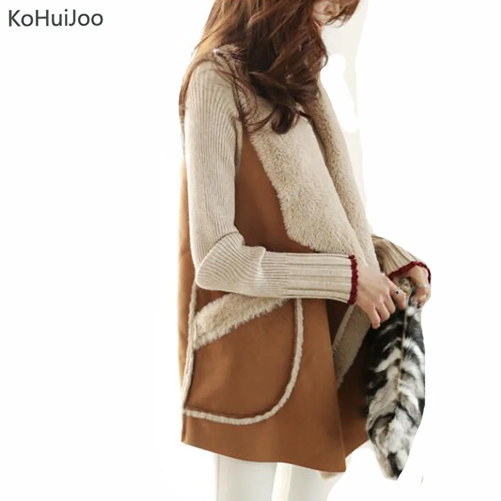 KoHuiJoo Autumn Winter Artificial Fur Vest Women Fashion Lapel Suede Faux Fur Waistcoat Long Coats Warm fur Jackets