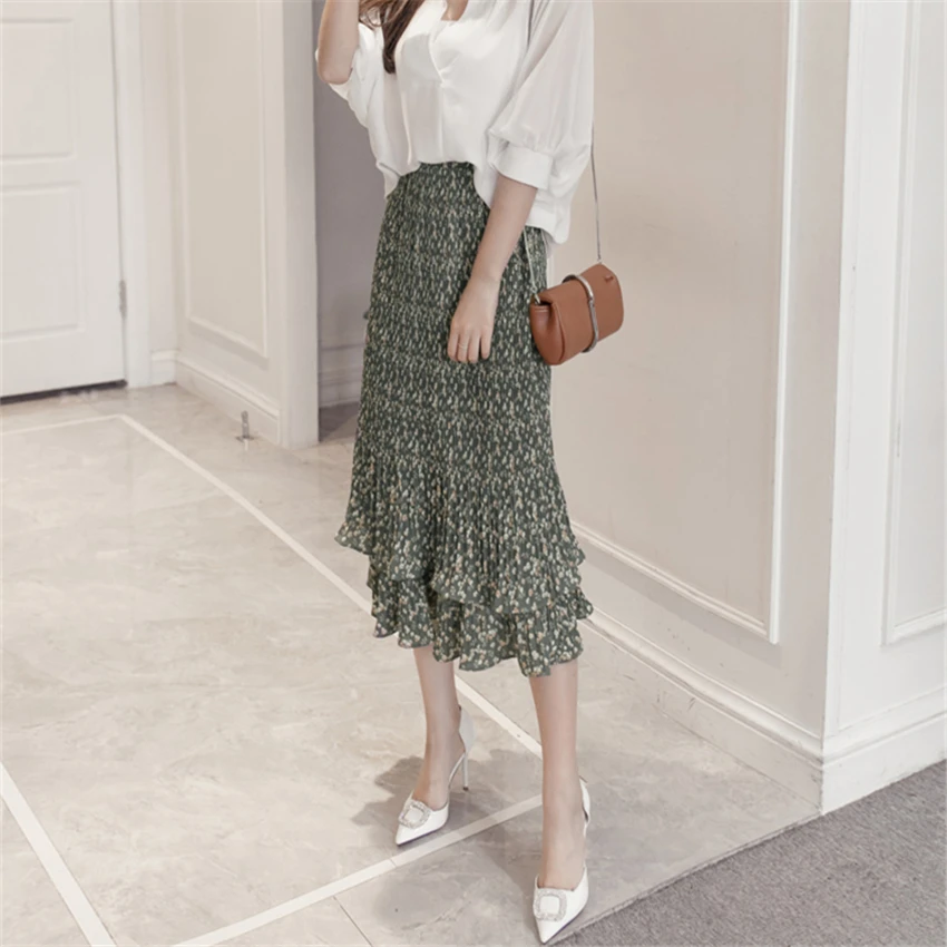 2019 Летняя мода Винтаж Высокая талия для женщин юбки цветочные оборками
