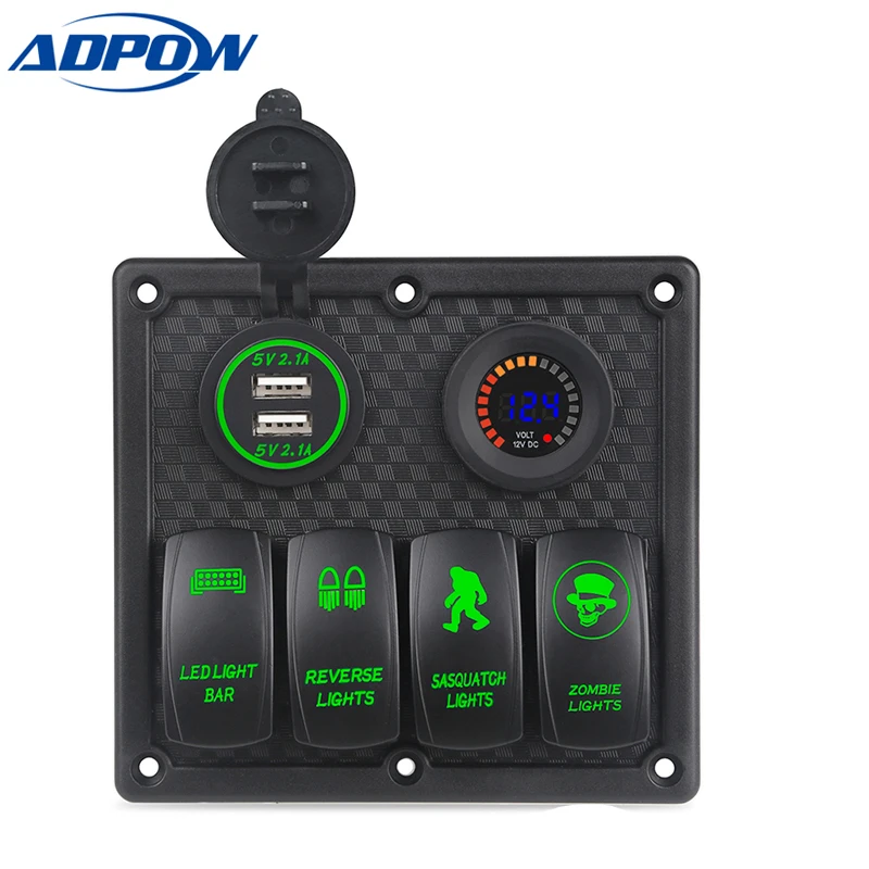 

Marine Boat Switch Panel 4 Gang with Voltmeter Socket 4.2A Dual USB Charger Car LED light On/Off Rocker Switch Panel Car Boat