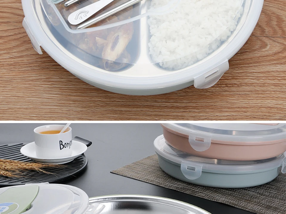 Ланч-бокс из нержавеющей стали 3 сетки контейнер для хранения еды Bento с ложкой и палочками для еды круглый Ланч-бокс столовая посуда