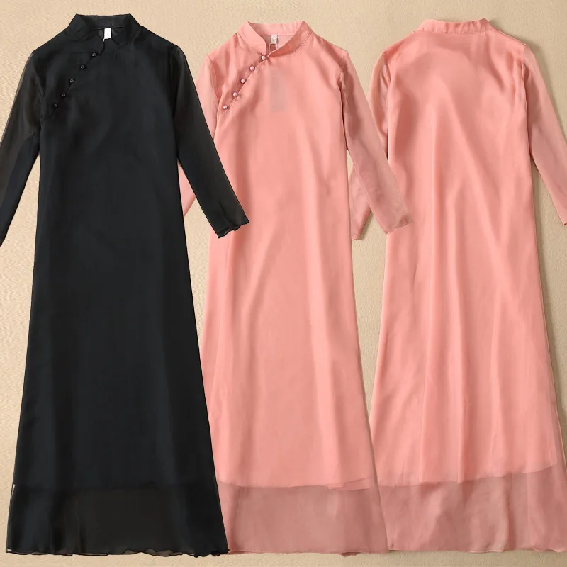 Фото M-XXL XXXL женское длинное платье в китайском стиле просвечивающее шифоновое Чонсам M-XXL XXXL женское длинное платье в китайском стиле просвечивающее шифоновое Чонсам
