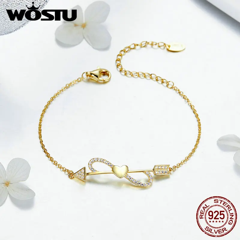WOSTU хит продаж 100% Стерлинговое Серебро 925 пробы золотой цвет браслеты с бантом для