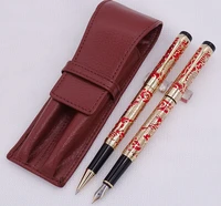 jinhao 5000 red golden fountain pen roller pen with real leather pencil case bag washed cowhide pen case holder writing set