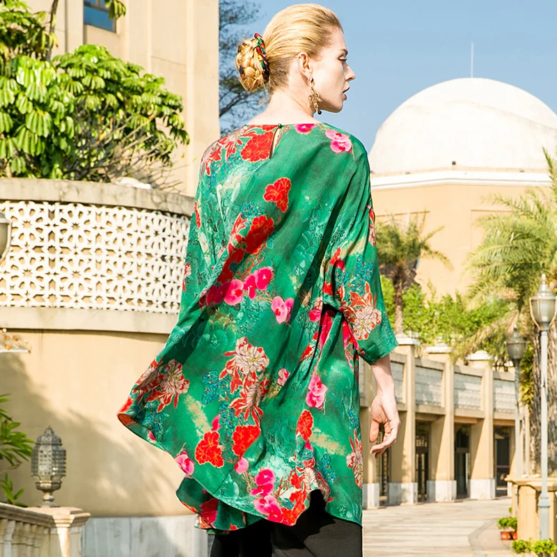 POKWAI Casual Floral Summer Silk Blouse Shirt Women Fashion 2018 New High Quality Batwing Sleeve O-Neck Spliced Chiffon Tops |