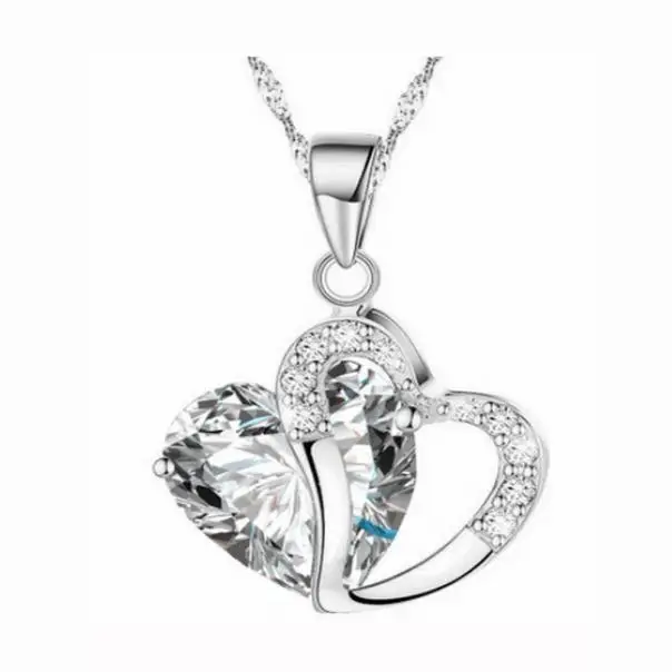 2019 Women Elegant Necklace Silver Chain Crystal Rhinestone Heart Pendant Necklaces Ladies Fashion Jewelry Accessories Wholesale | Украшения