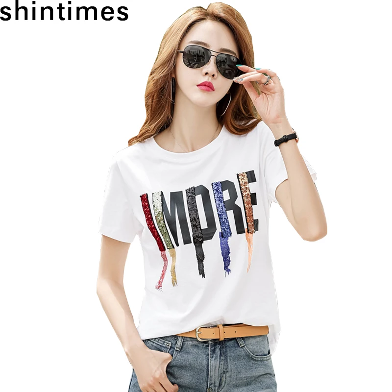 Белая черная футболка женская летняя с блестками и надписью Женская Корейская