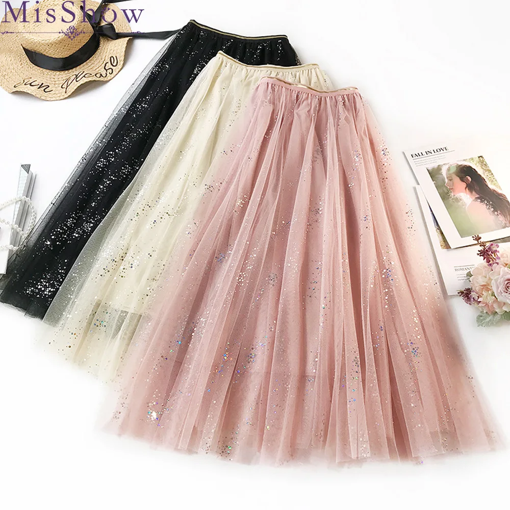 Женская юбка-макси средней длины блестящая юбка из тюля с блестками