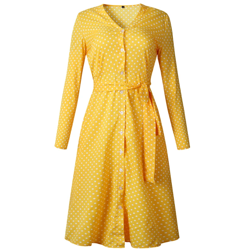 Polka Dot Long Dress Women Sleeve Spring Autumn Casual Dresses Button Lace Up 2020 Streetwear Black Maxi Vestidos | Женская одежда