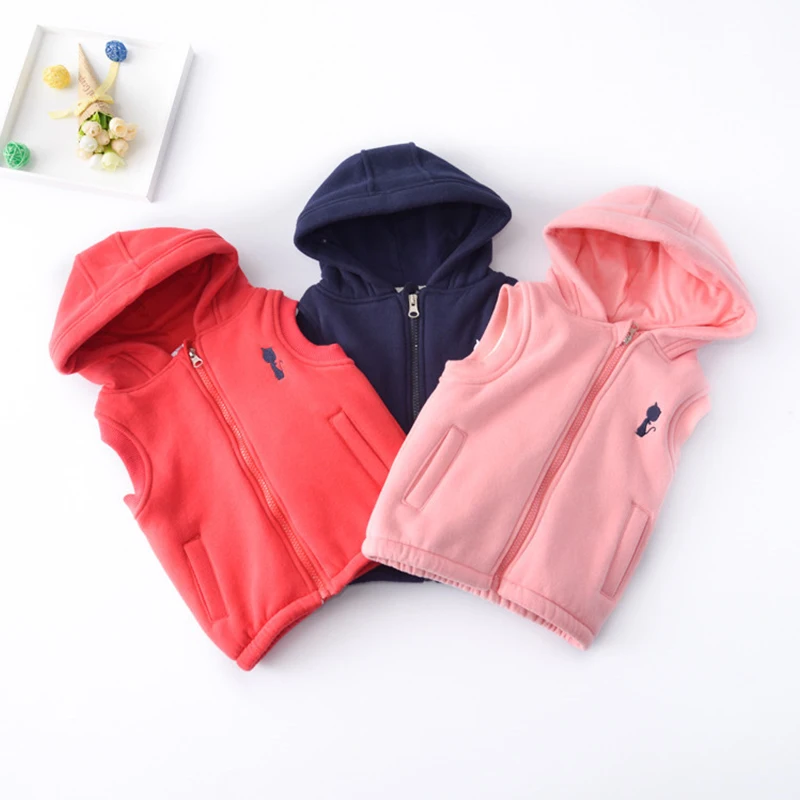 

Manufacturer 2021 autumn winter new children embroidery kitten double layer thick vest hooded zipper