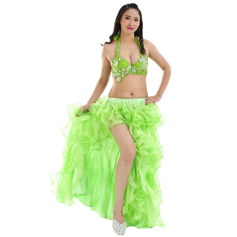 Green 3pcs Костюм для восточных танцев, комплект из 2шт/3 шт, бюстгальтер, пояс, шифоновая юбка, взрослый танец живота, костюмы для выступлений, профессиональная одежда для танца живота - Цвет: Green 3pcs