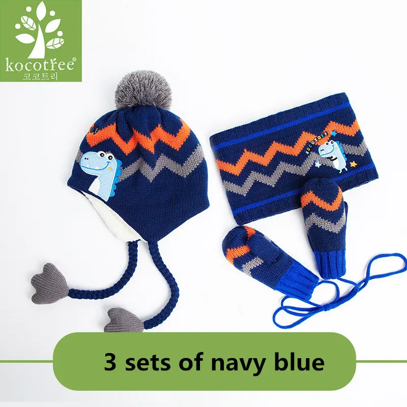 3 sets of navy blue Kocotree/детская зимняя шапка и шарф в Корейском стиле, детская зимняя шапка, детские теплые перчатки для мальчиков, костюм, шапочки, шарфы для девочек - Цвет: 3 sets of navy blue