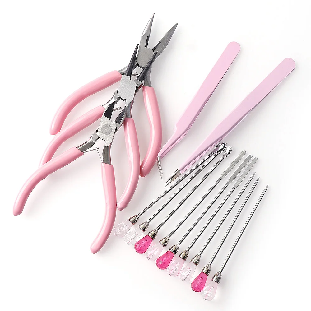 

6 Style CuteFashion Pink Color Jewelry Making Tool Kits Round Nose Plier Side Tweezers Mix Needle Spoon Tool DIY Jewelry Making