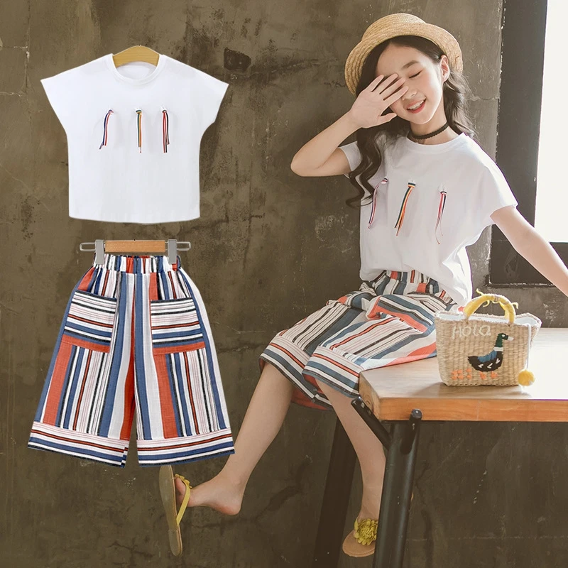 Летние костюмы для девочек комплект детской одежды одежда из хлопка и льна