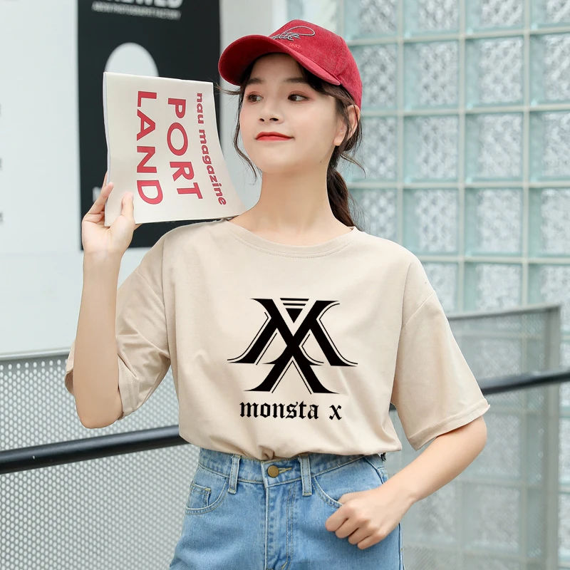 Футболка MONSTA X Kpop Женская в Корейском стиле хлопковый топ с коротким рукавом