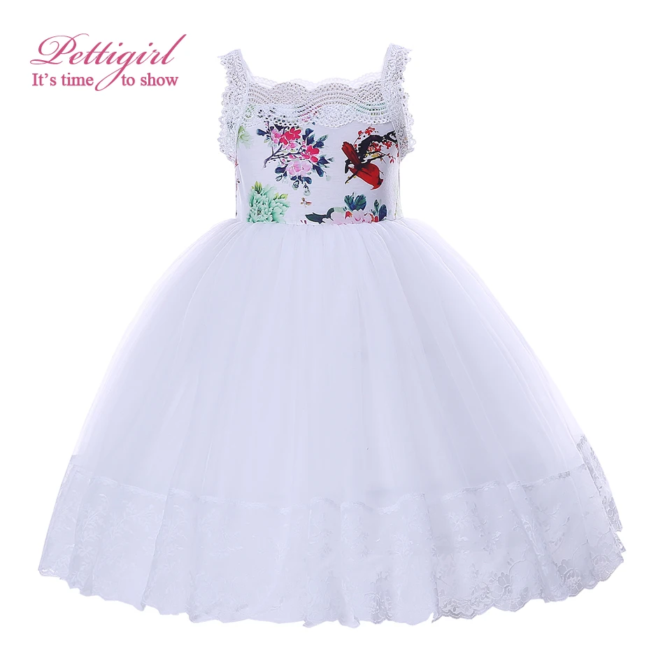 Pettigirl Summer White Tulle Print Flower Baby Girl Party Dress Children Clothing Kids Wear Sleeveless Costume G-CMGD003-1028 | Детская