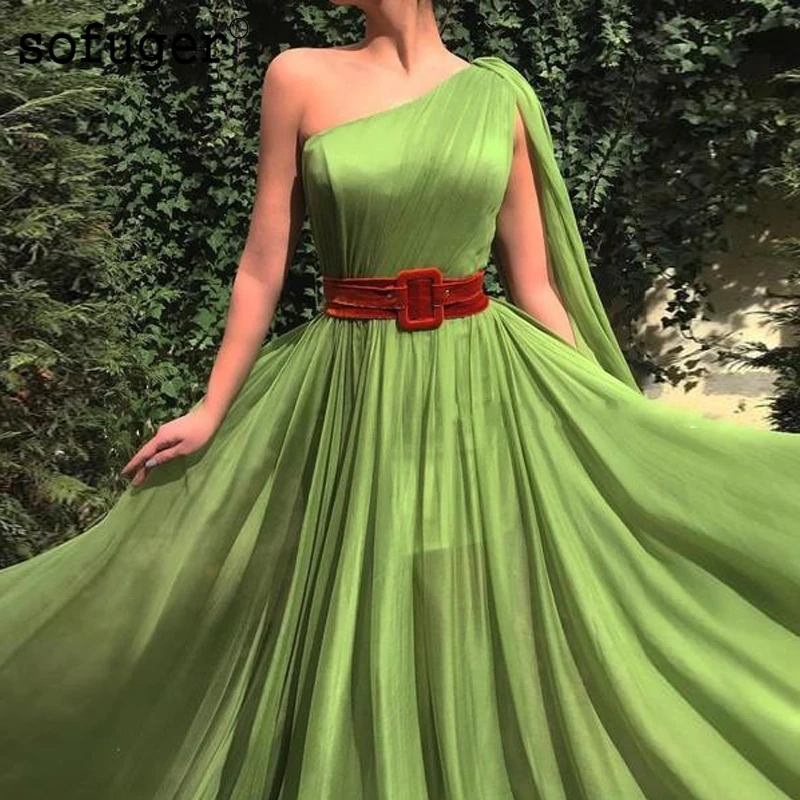 Зеленое Длинное шифоновое вечернее платье на одно плечо с поясом Robe De Soiree Plus Vestidos