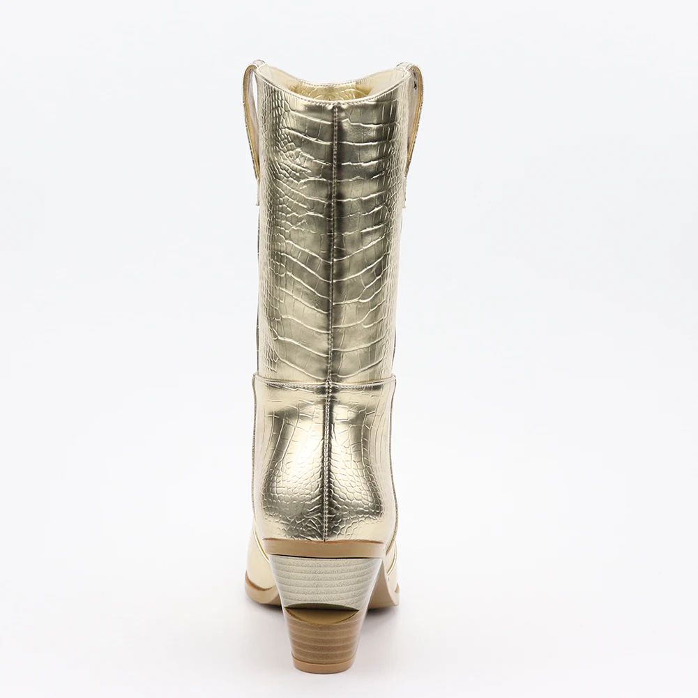 High Quality Brand Gold Winter Plus Size 46 Vintage Square Heels Woman Mid-Calf Boots women's Shoes Western Boots Shoes Women