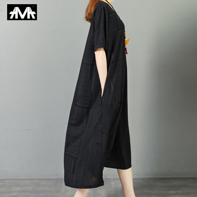 Женское свободное платье в полоску черное Повседневное с бахромой большие