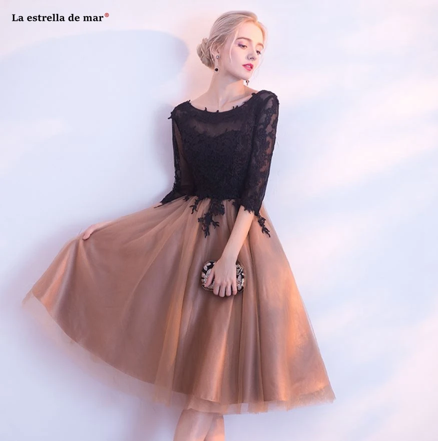 Vestidos mujer, коктейльное платье, черпак, воротник-хомут, кружево, половина рукава, черное, золотое, простроченное, коктейльное платье, длина до середины икры, платье для выпускного вечера