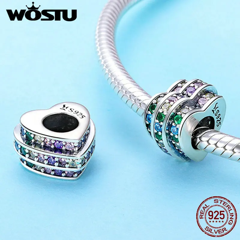 WOSTU, фирменные подлинные 925 пробы, серебряные, радужные сердца, Красочные CZ Шарм, подходят для оригинальных бусин, браслет, ювелирное изделие, подарок, FIC725