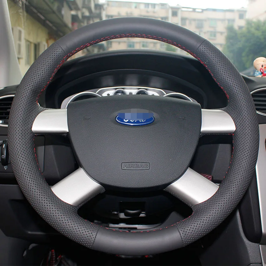 

Hand Sewing Genuine Leather Car Steering Wheel Cover Black for Ford Focus Steering Cover with Real Leather 4 Holes Free Shipping