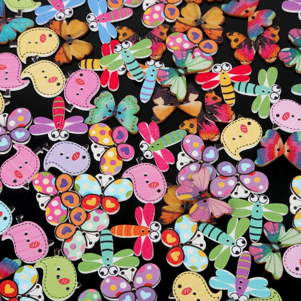 Новый 50 шт. 2 отверстия Смешанная бабочка птица Стрекоза деревянные пуговицы для