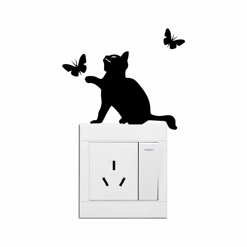 Кошка ловит бабочек силуэт переключатель мультяшная наклейка животное