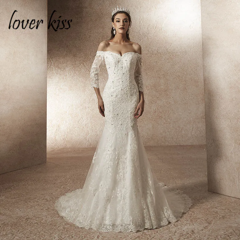 Lover Kiss Vestido De Noiva Сексуальное Милое Свадебное платье жемчужные бусины Свадебные халаты с низкой спинкой robe de mariage sirene - Цвет: Слоновая кость