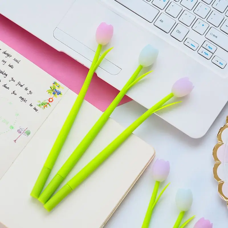 Creative Stationery Gel Pen Light Sensation Tulip Cute Soft Silicone Black 0.5mm Quick-Drying Office Signature Gel Pen Cute Smal