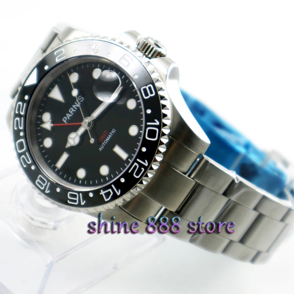 Parnis 40 мм черный циферблат красный GMT руки стиль керамический ободок сапфировое