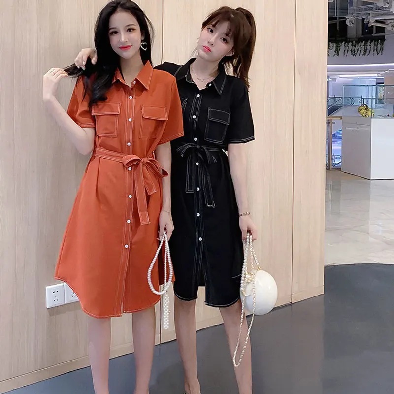 2019 г. Летняя женская одежда Корея воротник поло с короткими рукавами ремни талии