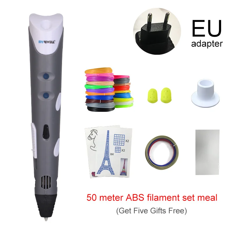 Grey EU Myriwell 3D Ручка с 50 м 1,75 мм ABS нитью, умная 3D Ручка для печати, 3d ручки для детей, подарок на день рождения, Рождество, 3d Ручка для рисования - Цвет: Grey EU