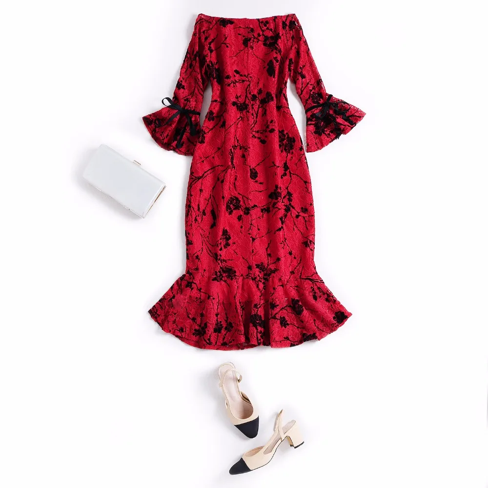 Лето-весна женские черное платье с цветочным рисунком Красный кружевное Слэш