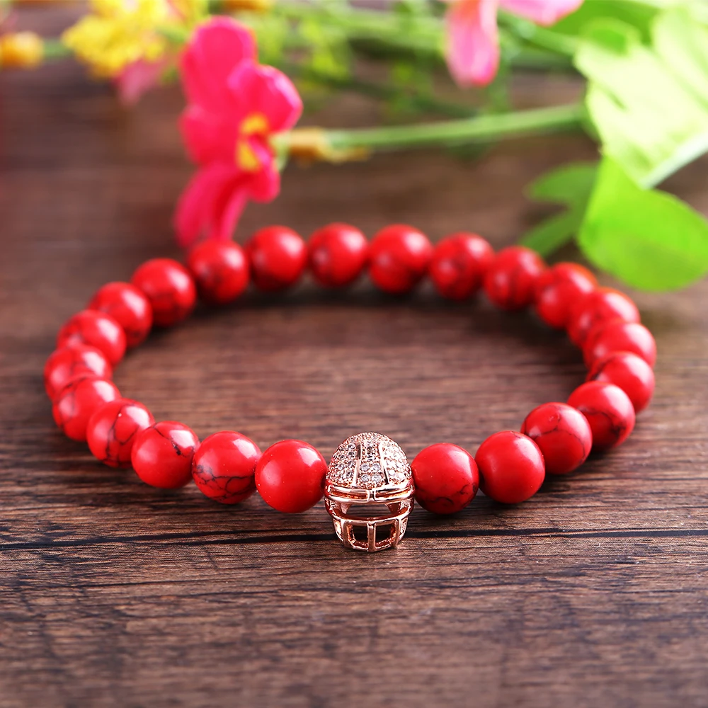 Натуральный камень бусины браслеты мужские Lucky шлем красный Лава эластичный