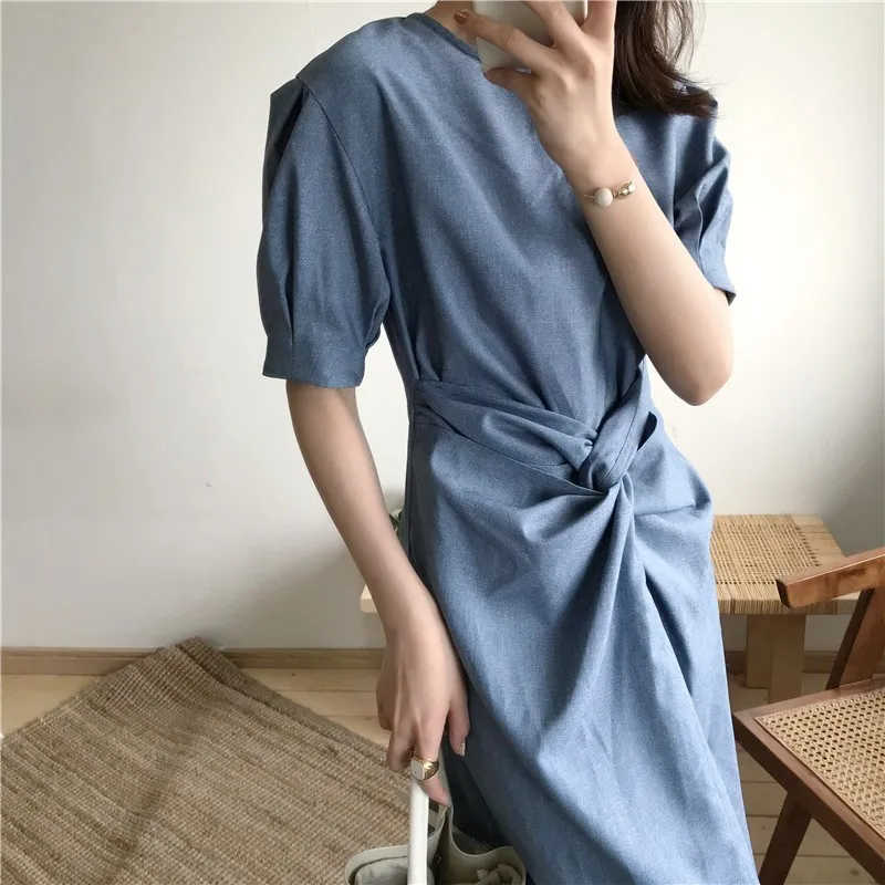 Женское винтажное платье CHICEVER синее до середины икры с о образной горловиной и