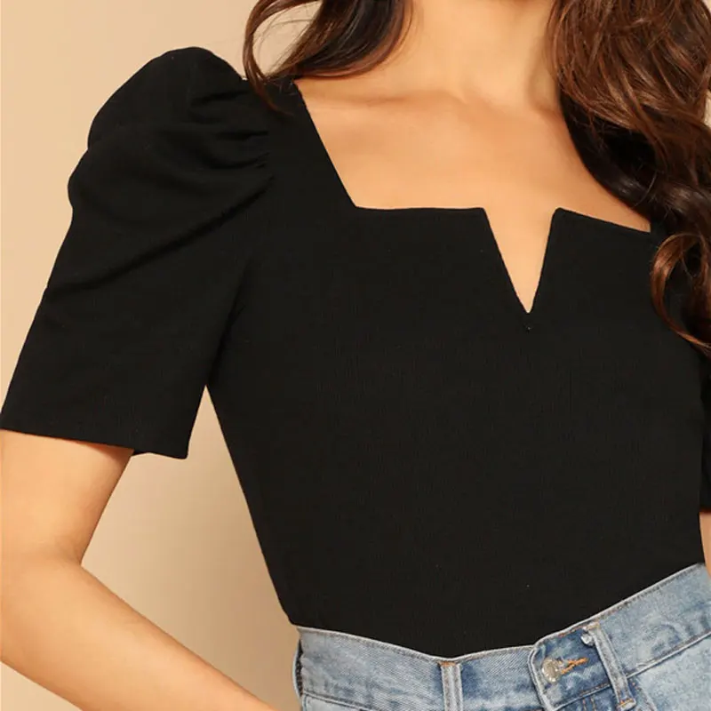 SHEIN Топ С Оригинальным Рукавом И V-Образным Вырезом Трикотажный Топ С Квадратным Вырезом