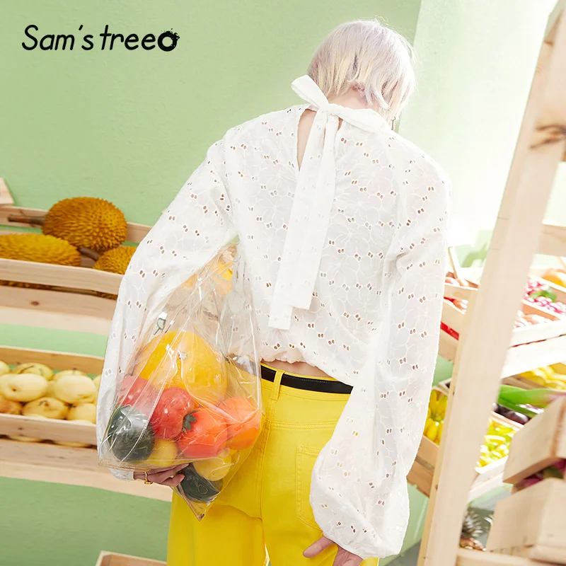 Samstree, женские летние блузки с открытыми плечами, женские белые рубашки с бантом и круглым вырезом, офисные женские топы с рукавами-фонариками