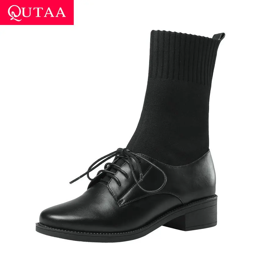 QUTAA/2020 Осенняя обувь из натуральной кожи со шнуровкой на среднем каблуке