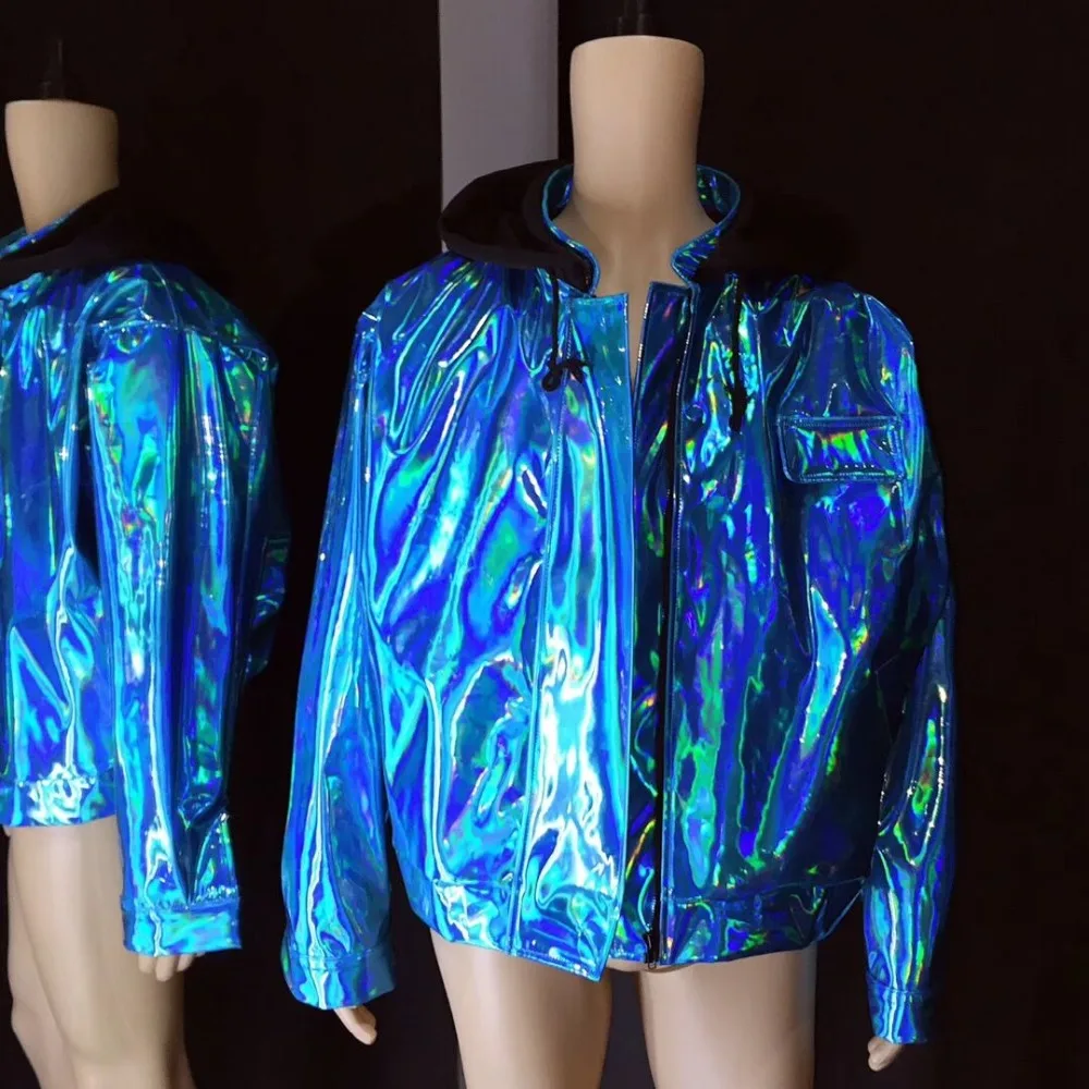 Flashing Blue Jacket Loose Baseball Coat Tide Male Singer HIP HOP Rock Costume Nightclub Performance Stage Wear Dance Outfits | Мужская