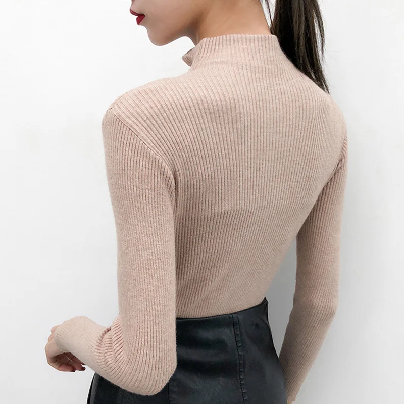 Водолазка на молнии Однотонный женский свитер облегающий эластичный вязаный
