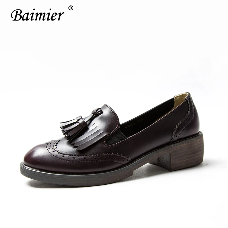 Baimier/; винтажные женские туфли-оксфорды с кисточками; повседневные Мягкие женские лоферы с круглым носком; женская обувь на плоской подошве без застежки в британском стиле - Цвет: Wine Red Oxfords