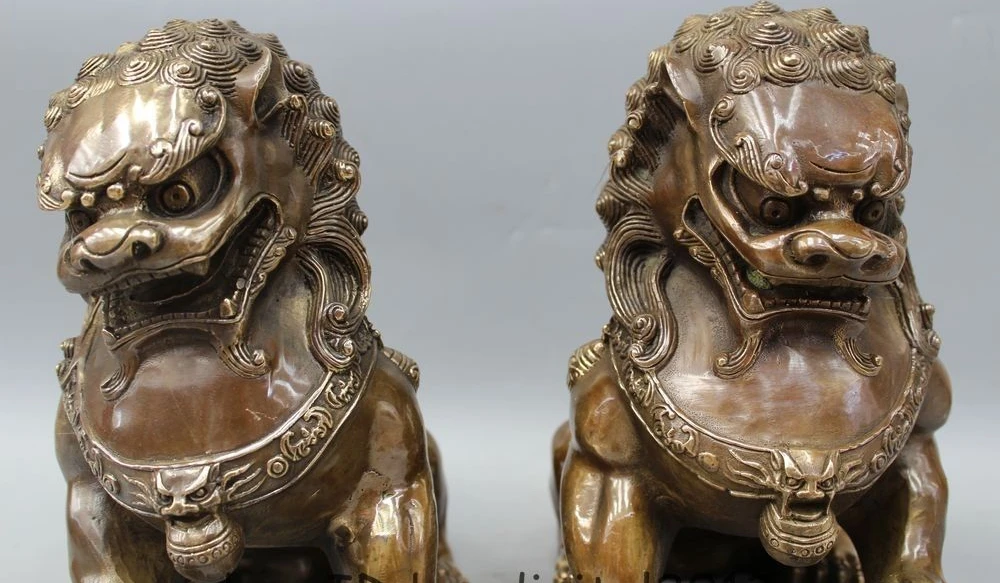 10 &quotКитайский Латунь Животных Зверь мать и сын Лев мяч скульптура Статуя Пара |