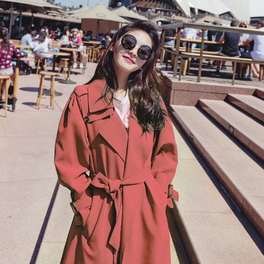 Шикарный стиль Тренч женская одежда осенняя синяя свободная ветровка с поясом