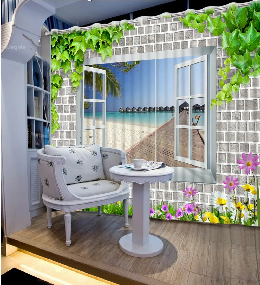 

Bed Room Living Room Office Hotel Cortinas Green Leaf Flower Brick Window Curtains Home Bedroom Decoration Blackout 3D Curtain