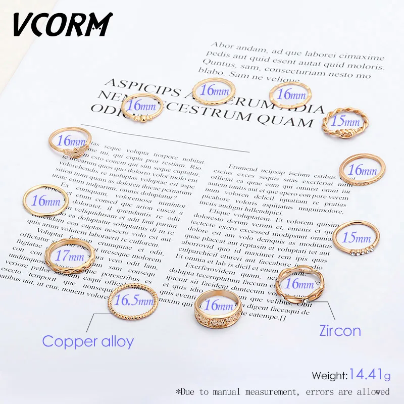 Набор из 12 предметов VCORM модный ретро багги женское розовое золото кольцо средней