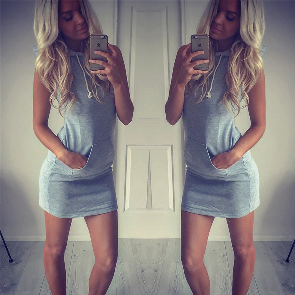 High Street Women Sexy Summer 2017 Sleeveless Hoodied Solid Bandage Bodycon Evening Party Fashion Casual Short Mini Dresses | Женская