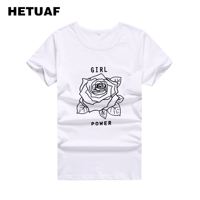 HETUAF Girl Power Rose Ulzzang Графические футболки женские топы Феминистская Мода винтажная